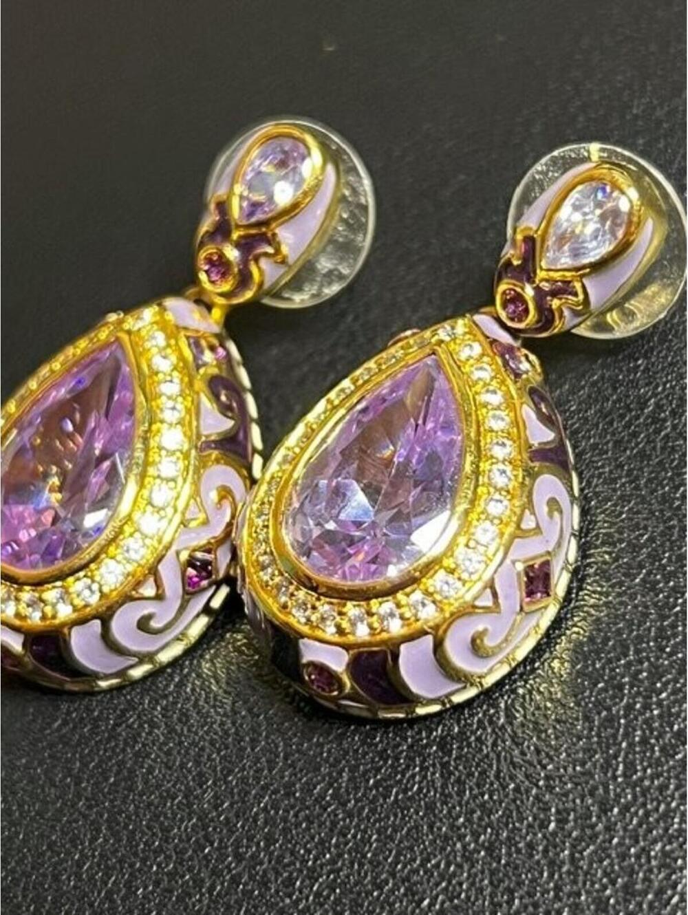 B5267 Lauren G Adams Dangle Earrings Gold Tone Lavender Enamel CZ Rhinestone - Picture 3 of 4
